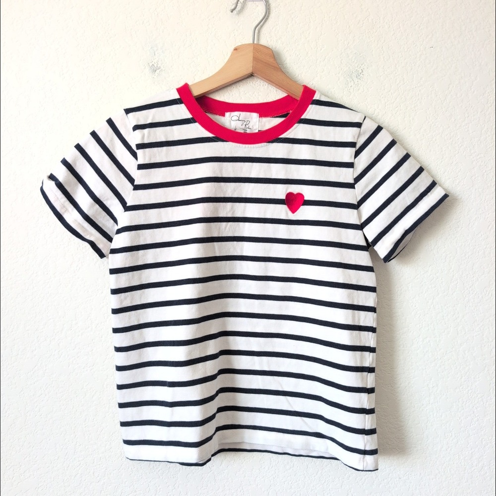Americo & Rosa Womens Striped Heart Ringer T-Shirt White Blue Red Small Portugal